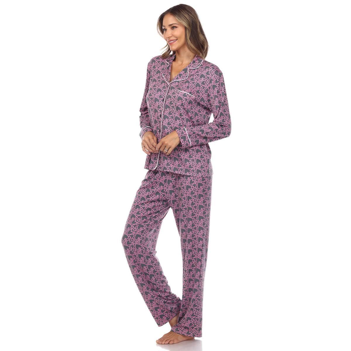 Womens White Mark Long Sleeve Heart Print Pajama Set
