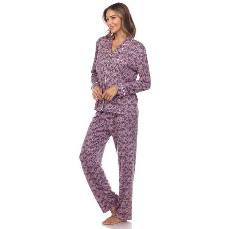 Womens White Mark Long Sleeve Heart Print Pajama Set