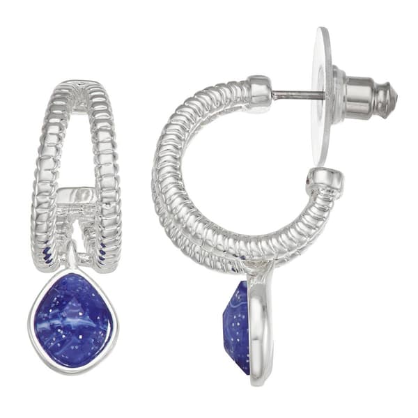 Chaps Silver-Tone & Blue Hoop Drop Earrings - image 