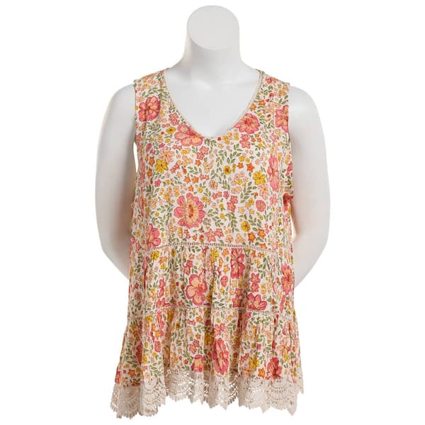 Juniors Plus Angie Lace Trim Floral V-Neck Peplum Tank Top