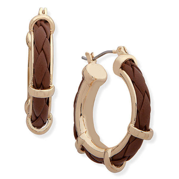 Chaps Gold-Tone & Brown Leather Hoop Earrings - image 