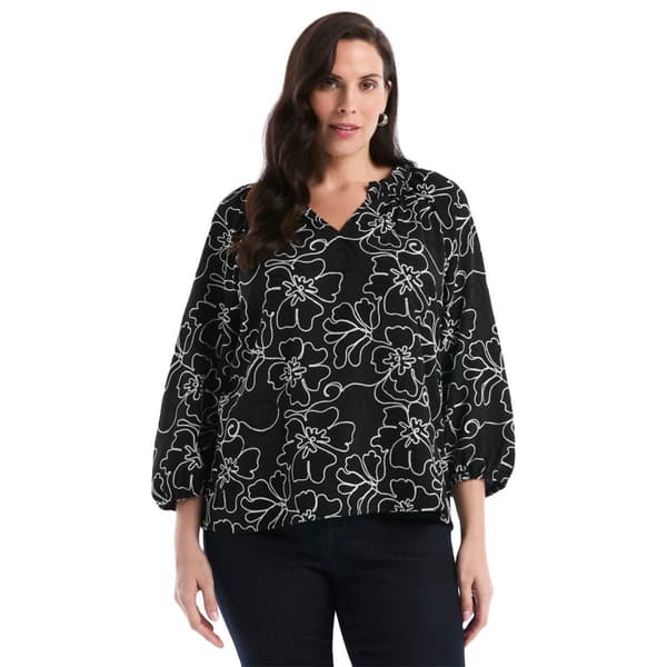 Plus Size Rafaella Ls Vneck Embroidered Flower Blouse