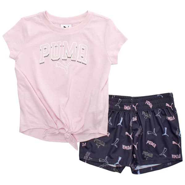 Girls (4-6x) Puma(R) Logo Tie Front Tee Mesh Short Set - image 