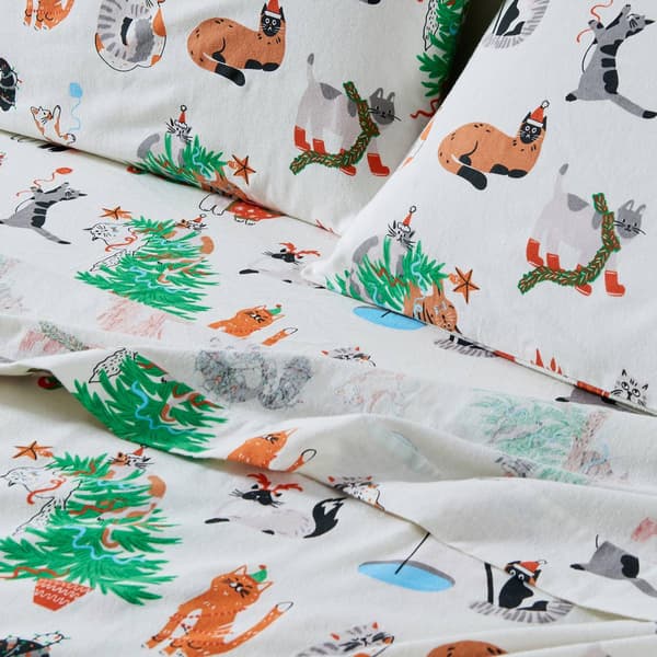 Freshfolds Cotton Cat Festivities Holiday 4pc. Flannel Sheet Set