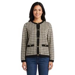 Petite Kasper Long Sleeve Houndstooth Button Front Cardigan