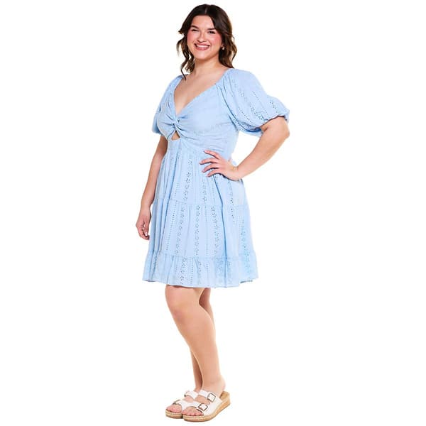 Juniors Plus Angie Twist Front Eyelet Puff Sleeve  A-Line Dress