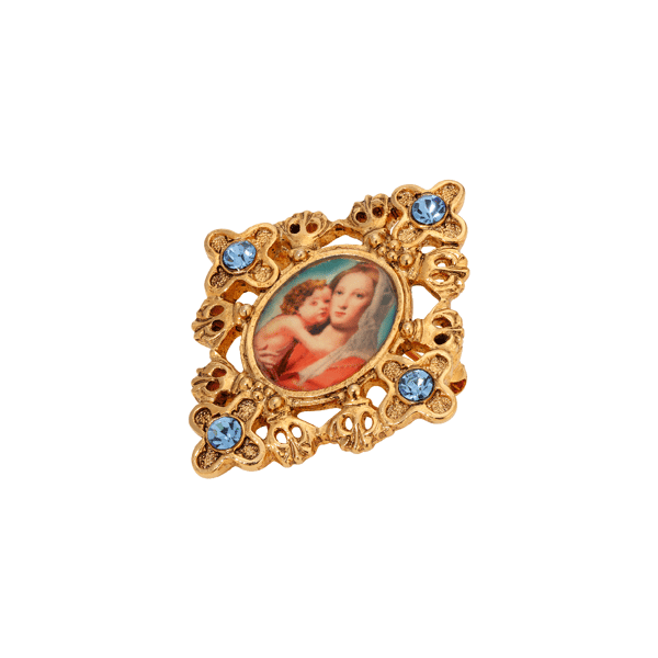 Symbols of Faith Gold-Tone Mary & Child Decal Blue Crystal Pin - image 