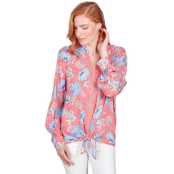 Petite Ruby Rd. Patio Party Long Sleeve Woven Jacobean Floral Top - image 