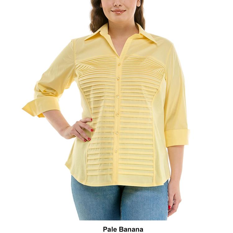 Petite Zac & Rachel 3/4 Sleeve Pleated Front Casual Button Down