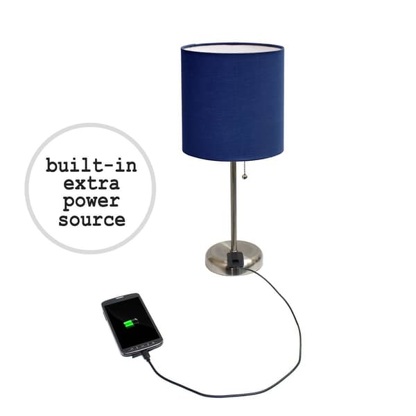LimeLights Brush Steel Lamp w/Charging Outlet/Navy Shade-Set of 2