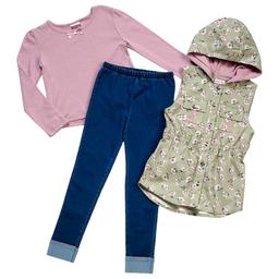 Girls (7-16) Little Lass(R) Hooded Floral Vest w/ Tee & Jeggings