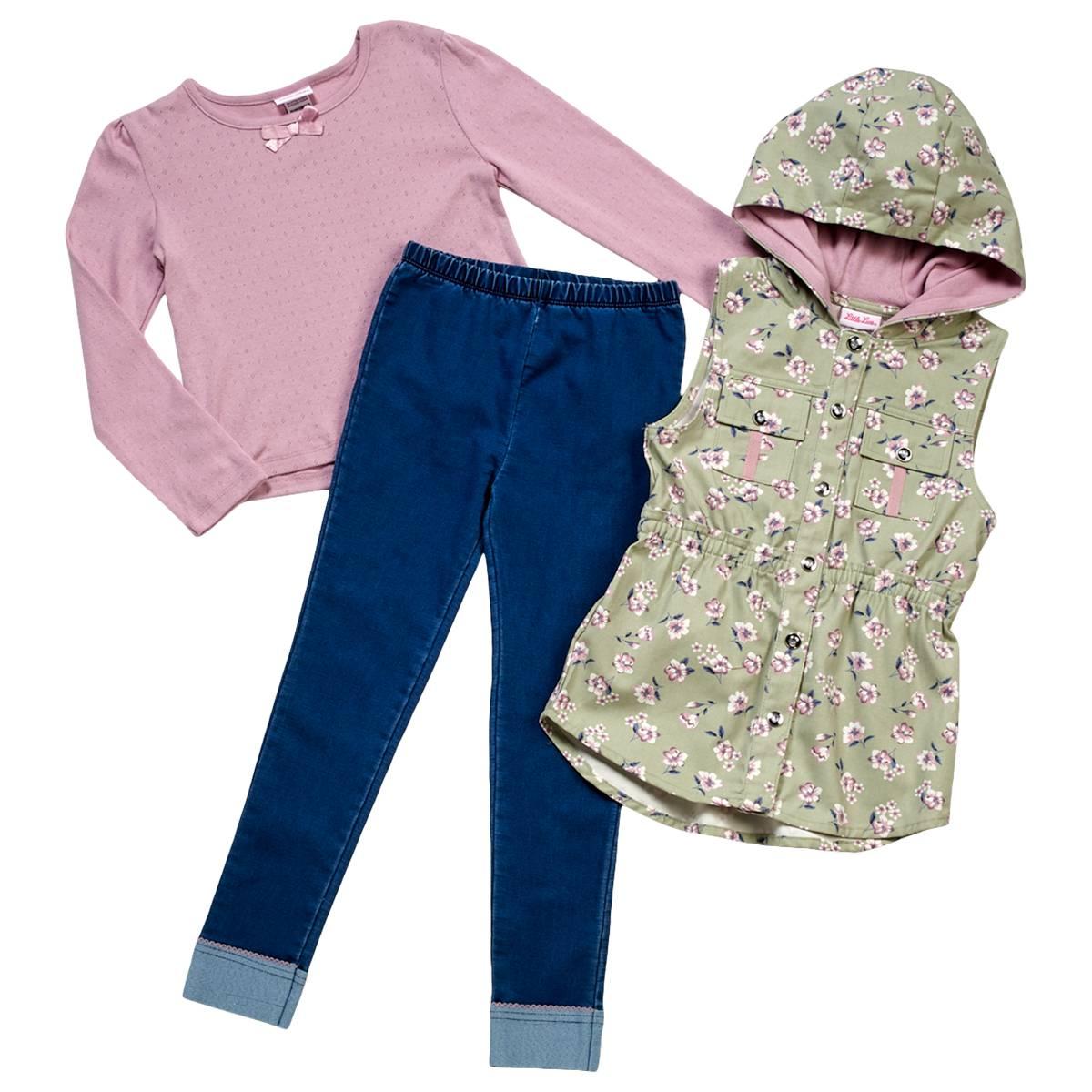 Girls (7-16) Little Lass(R) Hooded Floral Vest w/ Tee & Jeggings