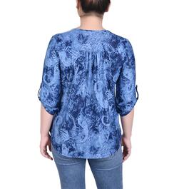 Womens NY Collection 3/4 Roll Sleeve Paisley Jacquard Blouse-NAVY
