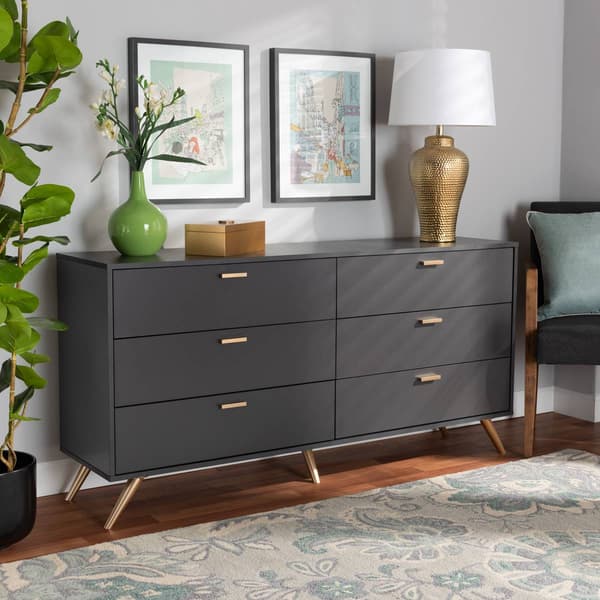 Baxton Studio Kelson Dark Grey & Gold Wood 6-Drawer Dresser