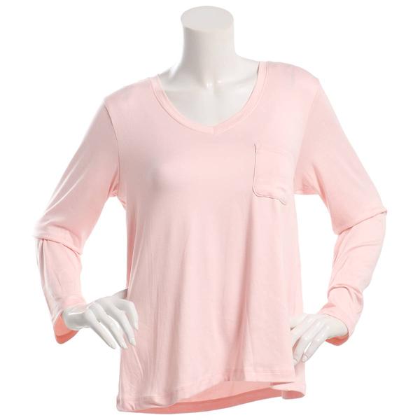 Womens Pillow Talk Long Sleeve Solid V-Neck Pajama Top