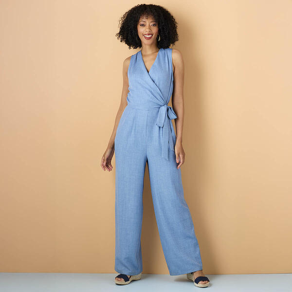 Womens Emma & Michele Sleeveless Linen-Like Surplice Jumpsuit - image 