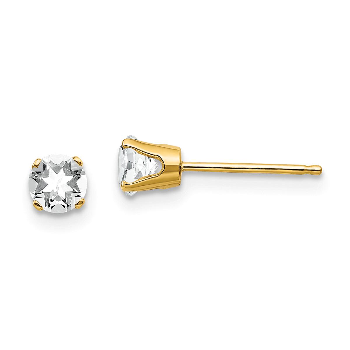 Yellow Gold 4mm. White Topaz Stud Earrings