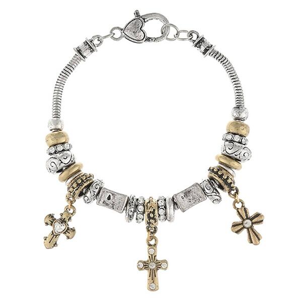 Antique Silver & Gold Plated Cross & Square Bead Charms Bracelet - image 