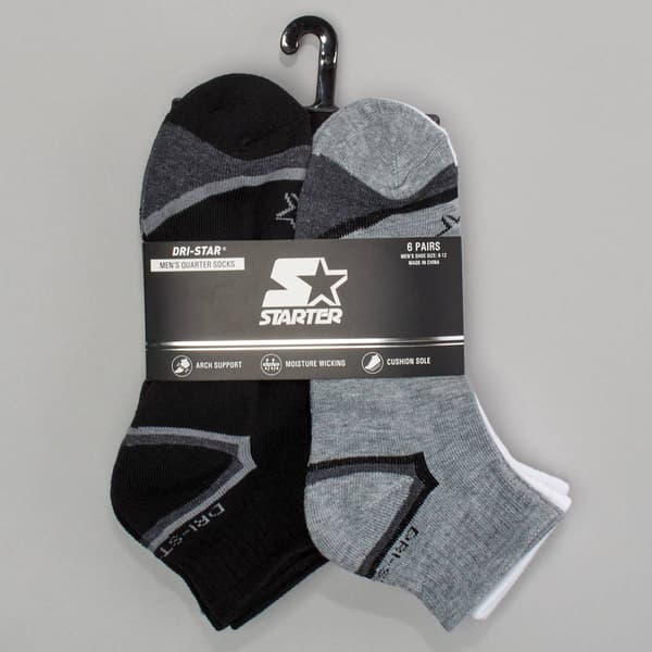 Mens Starter 6 Pk Heel & Toe Quarter Socks - Black / Grey / White - image 