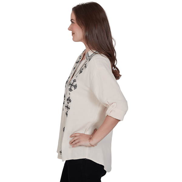 Womens Ruby Rd. Tropical Noir Roll Tab Sleeve Front Button Blouse