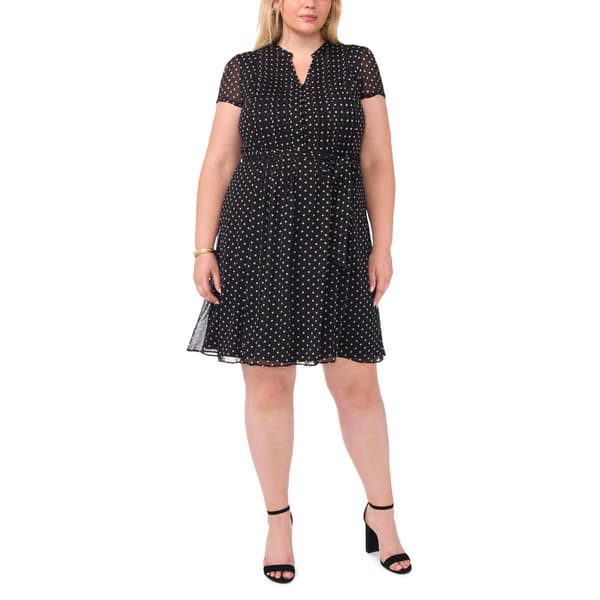 Plus Size MSK Short Sleeve Dot Chiffon Pintuck A-Line Dress
