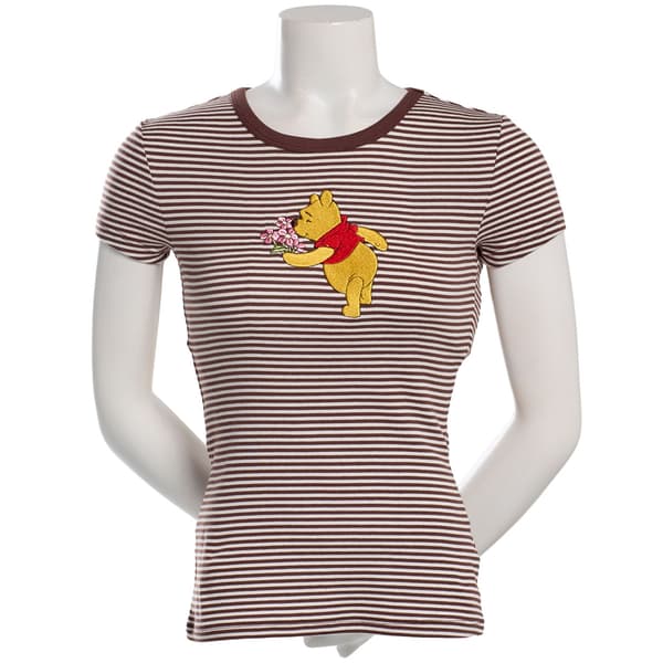 Juniors C-Life Embroidered Pooh Mini Stripe Longer Baby Tee - image 