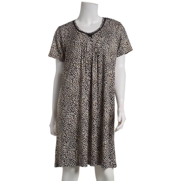 Womens Rene Rofe&#40;R&#41; Short Sleeve Animal V-Neck Nightshirt w/Lace