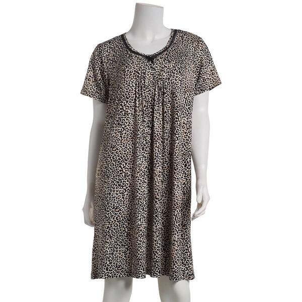 Womens Rene Rofe&#40;R&#41; Short Sleeve Animal V-Neck Nightshirt w/Lace - image 