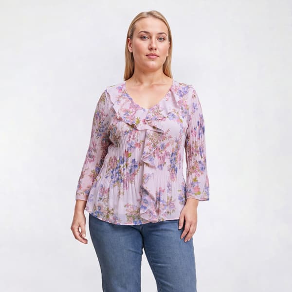 Plus Size Floral & Ivy 3/4 Ruffle Neck Floral Pleater Blouse - image 