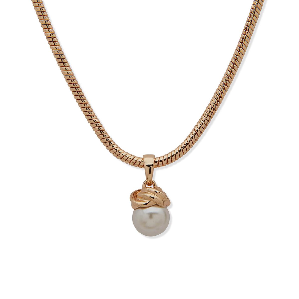 Anne Klein Gold-Tone White Pearl Snake Chain Knot Pendant