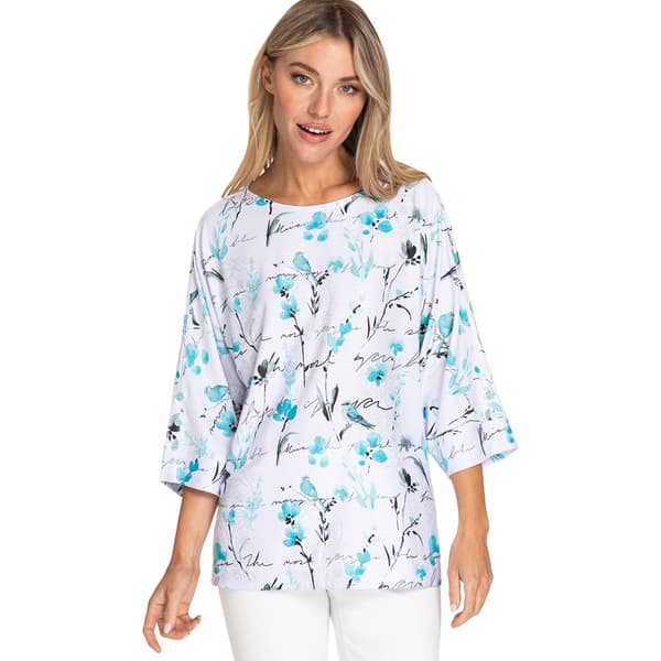 Green & Cream Box Cut Floral Print Button Down 3/4 Cuff Dolman Sleeve Collared Blouse