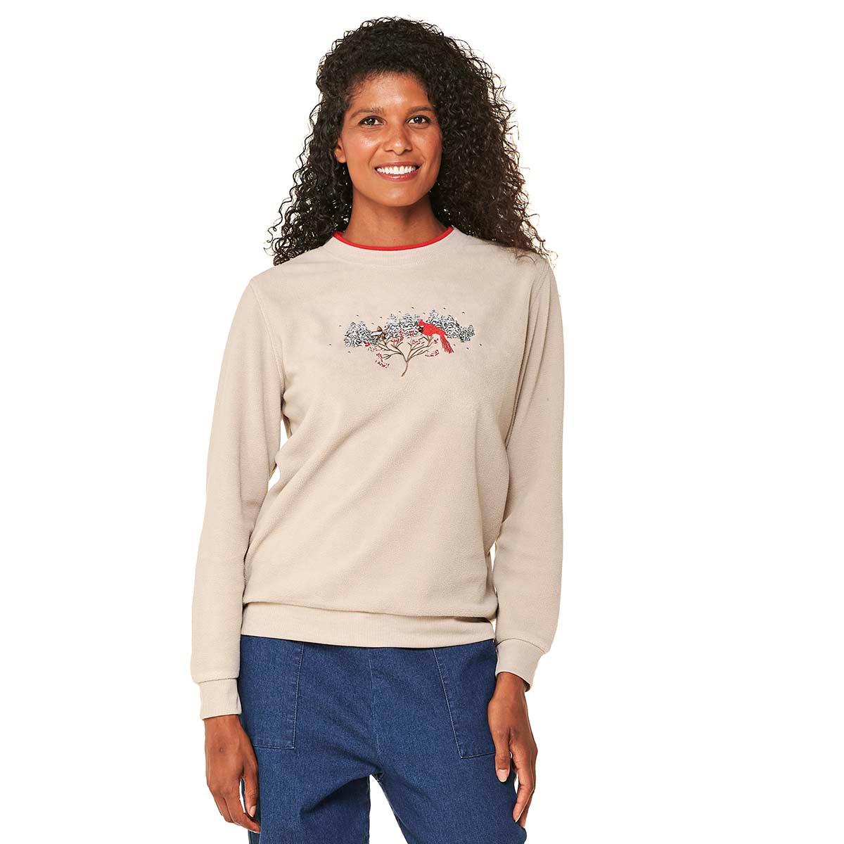Womens Thread by Thread Long Sleeve Berry Branch Cardinal Sweater
