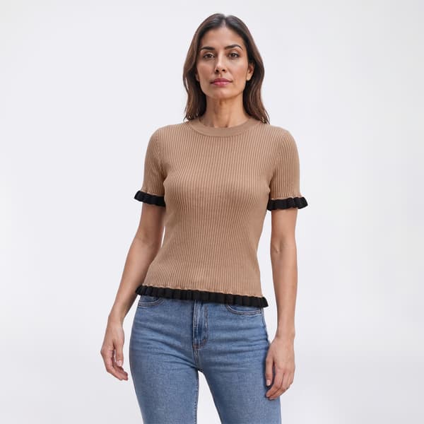 Womens Rio & Rian Short Sleeve Tipped Ruffle Rib Sweater - image 