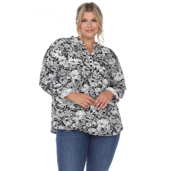 Plus Size White Mark Pleated Long Sleeve Floral Blouse - image 