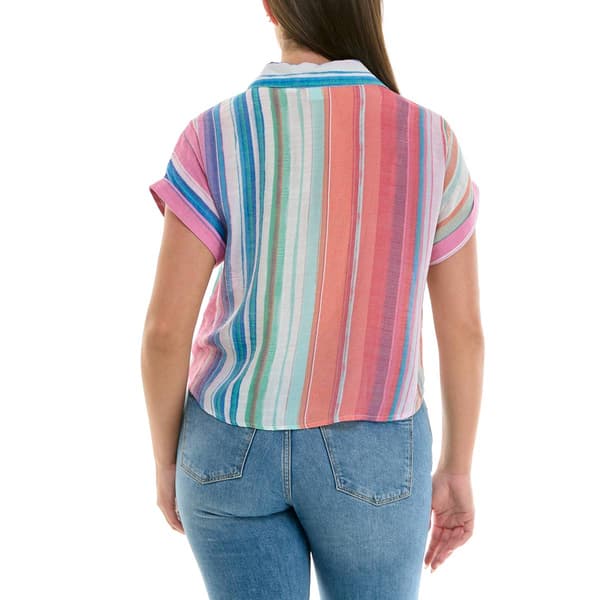 Womens Zac & Rachel Short Sleeve 1/4 Button Front Stripe Blouse