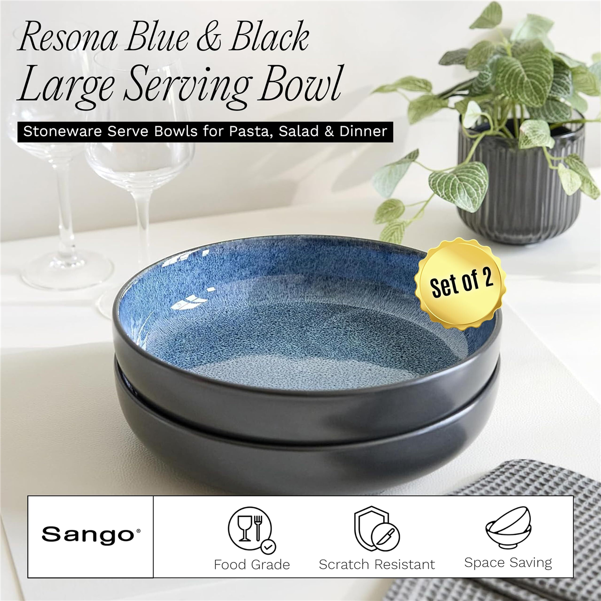 Sango Resona Blue/Black Large Ceramic Serving Bowl - Set of 2