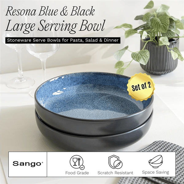 Sango Resona Blue/Black Large Ceramic Serving Bowl - Set of 2