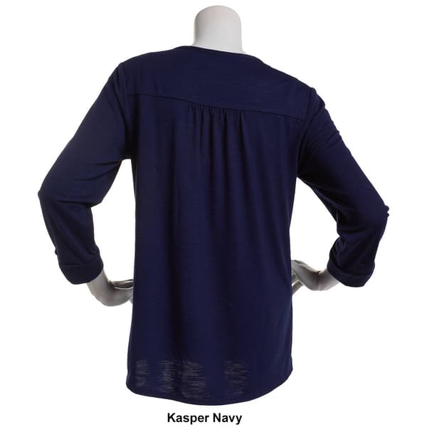 Womens Kasper Solid 3/4 Tab Sleeve V-Neck Henley Tee