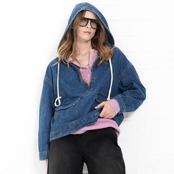 Womens MNK Long Sleeve Denim Drawstring Pull Over Hoodie - image 