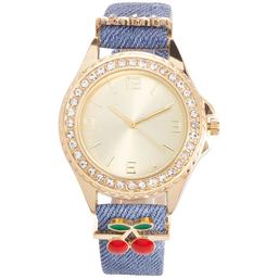 Womens Cherry Charm Watch w/Denim Inspired Strap - ALB204A