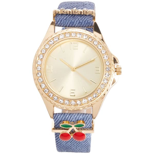 Womens Cherry Charm Watch w/Denim Inspired Strap - ALB204A