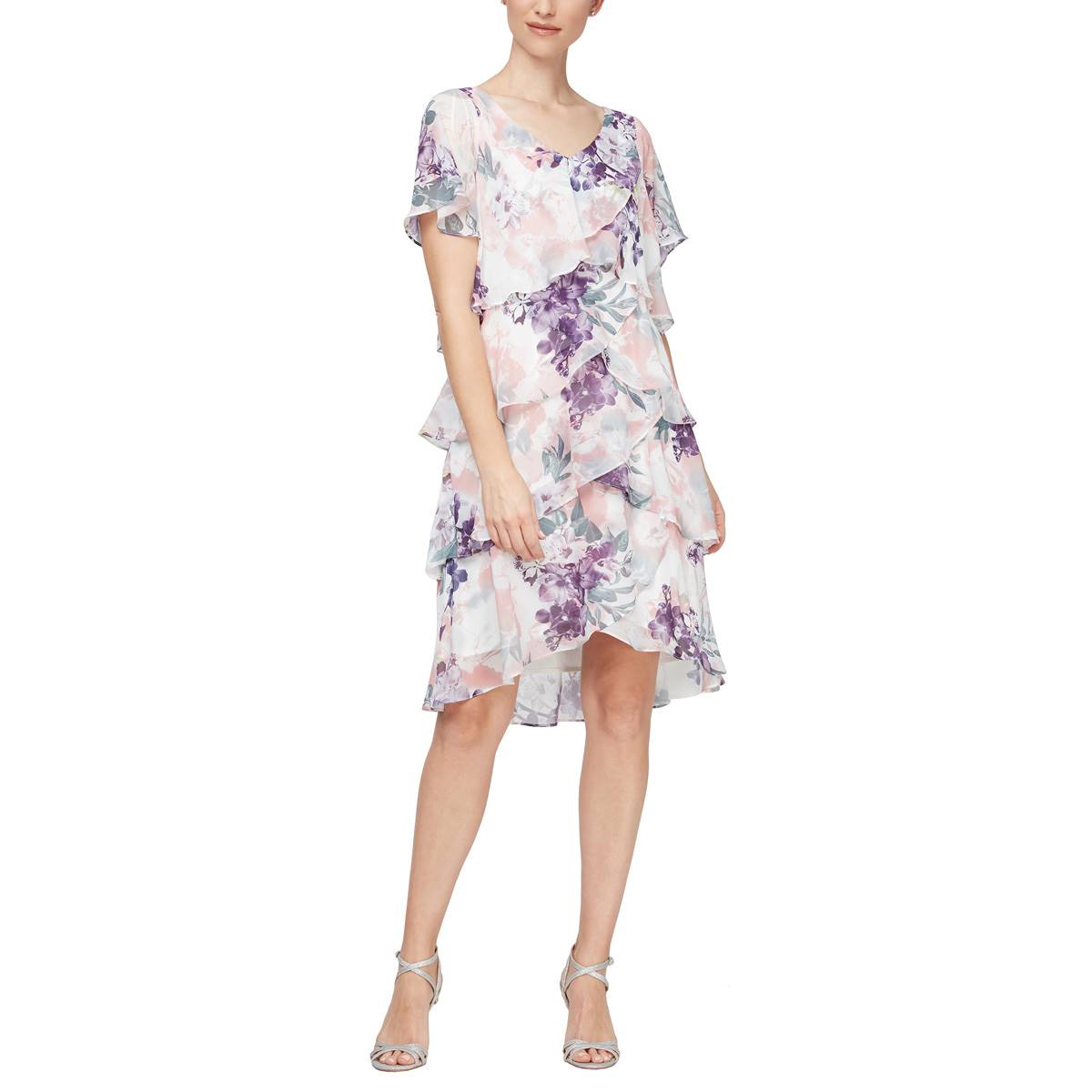 Womens SLNY Short Sleeve Floral Print Tier Dress