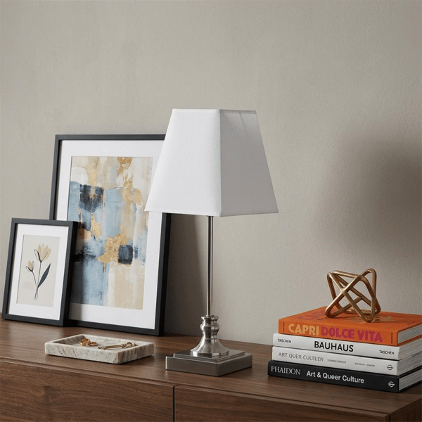 HomeRoots 19in. Silver Bedside Table Lamp with White Empire Shade