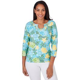 Womens Ruby Rd. By the Sea Embroidered 3/4 Sleeve Floral Tee