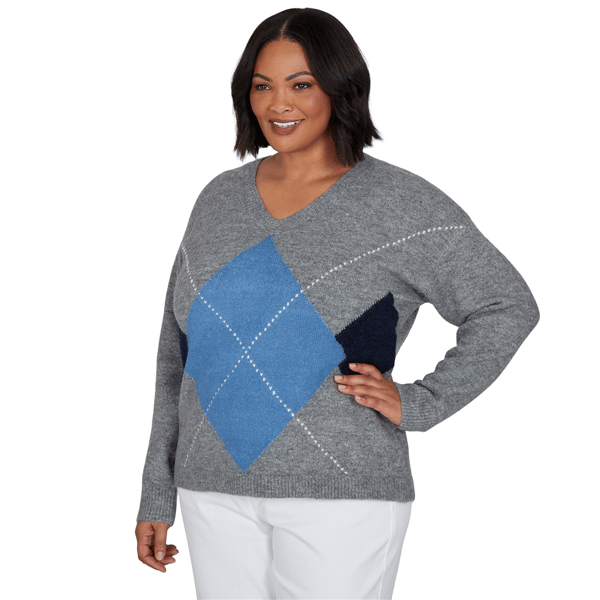 Plus Size Hearts of Palm Autumn Breeze V Neck Argyle Sweater