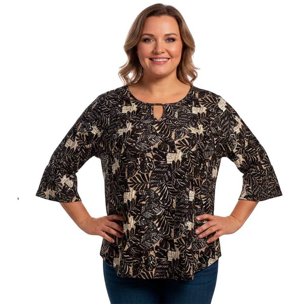 Plus Size Notations 3/4 Ruffle Sleeve Keyhole Neck Leaf Blouse - image 