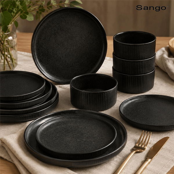 Sango Anderson Black Stoneware 12pc. Dinnerware Set Service for 4