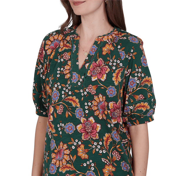 Petite Ruby Rd. Game of Luxe Elbow Sleeve Floral Vines Blouse
