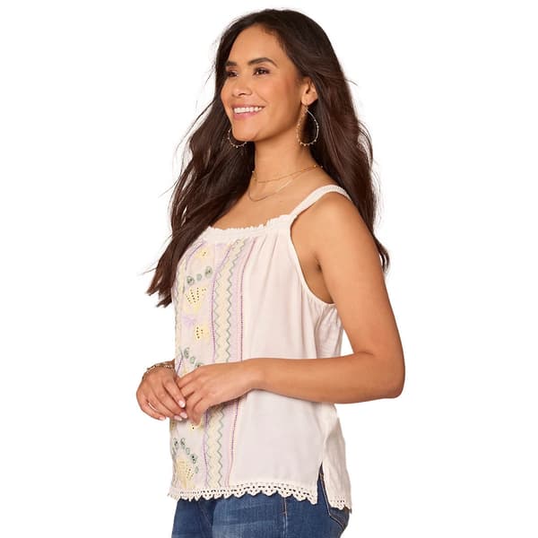 Womens Democracy Embroidered Scallop Tank Top