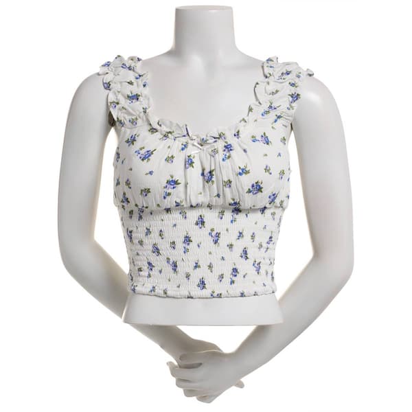 Juniors Love Tree Floral Smock Ruffle Sleeve Cropped Tank Top - image 